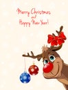 Deer with Christmas decorations, greeting card