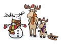 Deer in Christmas hats and scarves. Dad and son made a snowman. Snowman reindeer. A family of deer. The Christmas cheer. Royalty Free Stock Photo