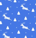 Deer christmas seamless pattern. Winter blue white simple monochrome lanscape