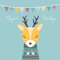 Deer. Christmas vector card with cute animal in a cozy Norwegian sweater, in pastel colors