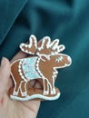 Deer cookie in woman hand. Cute decor. Bakery food art. Fun gingerbread figure biscuit