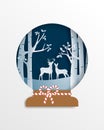 Deer couple in forest in paper cut style. Winter landscape with snow field in Christmas and winter season. Vector illustration Royalty Free Stock Photo