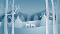 Deer couple in forest in paper cut style. Winter landscape with snow field in Christmas and winter season. Vector illustration Royalty Free Stock Photo