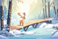 deer crossing a snowy bridge in a tranquil forest