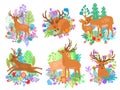 Deer cute animal cartoon set flat style vector illustration. Deers rest and activity life isolated on white