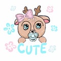 Deer cute portrait, baby with pacifier poster logo kids room decor t-shirt design print