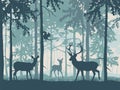 Deer with doe and fawn in magic misty forest. Squirrel on branch. Silhouettes of trees and animals. Blue background.
