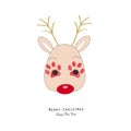 Deer with doodle paw prints. Merry Christmas Happy new year greeting card Royalty Free Stock Photo