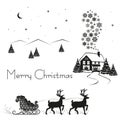 Deer driven sledge of Santa Claus with gifts, black silhouette on white snow, vector illustration Royalty Free Stock Photo