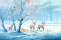 a deer family grazing on frosty vegetation near the ice