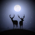 Deer family on hill. Animal silhouettes. Full moon at starry night Royalty Free Stock Photo