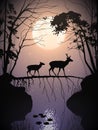 Deer family in misty forest. Animals walk on fallen tree. Full moon Royalty Free Stock Photo