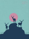 Deer family on rocks. Animal silhouettes. Full moon at starry night Royalty Free Stock Photo