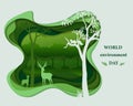 Deer family silhouettes in forest landscape,Abstract paper art scene in depth layer background,vector illustration Royalty Free Stock Photo