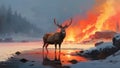 The deer fire standing on rocks in winter landscape