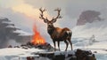 The deer fire standing on rocks in winter landscape