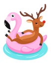 Deer with flamingo inflatable float. Vector illustration.