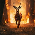 a deer fleeing from a forest fire in panik