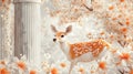 Enchanting Fawn Amongst Blooming Flowers and Ancient Column Royalty Free Stock Photo