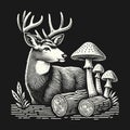 Deer in Forest with Mushrooms and Logs Black and White Illustration Royalty Free Stock Photo