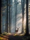 Deer in the forest at sunrise. Fall season.