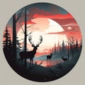deer in the forest at sunset with a full moon in the background Royalty Free Stock Photo