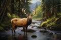 Deer in the forest. Wildlife scene. 3D rendering, Bull Elk in stream, AI Generated Royalty Free Stock Photo