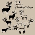 A deer with a geometric texture. Drawing of American Indians. Grey. Design with manual hatching. Textile. Royalty Free Stock Photo