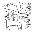 Deer with gifts. Merry christmas card. Outline draw style. Royalty Free Stock Photo