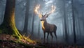 Deer with glowing antlers in dark misty forest