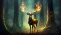 Deer with glowing antlers in dark misty forest
