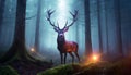 Deer with glowing antlers in dark misty forest