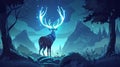 Deer with glowing eyes in night forest, totemic animal with trees and mountain landscapes, majestic reindeer in cartoon