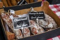 Deer and goat cheese sausage at Cours Saleya market in the Old Town Nice, France