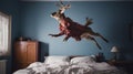 Deer Jumping On Bed Sheets - A Captivating Installation-based Artwork
