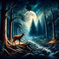 A deer gracefully standing in the wOods under the enchanting light of the full moon. Royalty Free Stock Photo