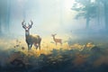 deer grazing in a misty, moonlit meadow