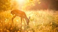 a deer grazing in a sunlit meadow, highlighting its peaceful interaction Royalty Free Stock Photo