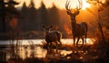 Deer grazing in tranquil meadow at sunset generated by AI