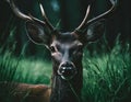 Deer in green long grass in dark forest clearing macro photography Royalty Free Stock Photo