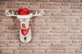 Deer hanging on the brick wall with a Santa Claus cap and red necklace Royalty Free Stock Photo