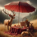 A deer having a picnic with a red checkered blanket and an umr Royalty Free Stock Photo