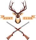 Deer Head, Crossed Hunting Rifles and Brown Banner of Hunting Club Isolated in Flat Style. Vector Illustration. Royalty Free Stock Photo