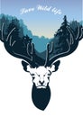 Deer head. Forest landscape between the horns. The concept of protection of wildlife. Vector illustration