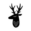 Deer head silhouette. Stylized drawing reindeer in simple scandi style. Nursery scandinavian art. Black and white vector Royalty Free Stock Photo