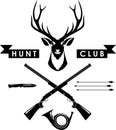 Deer Head, Wooden Arrows, Knife, Crossed Hunting Rifles and Banner of Hunting Club Isolated in Flat Style. Vector Royalty Free Stock Photo