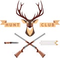 Deer Head, Wooden Arrows, Knife, Crossed Hunting Rifles and Brown Banner of Hunting Club Isolated in Flat Style. Vector Royalty Free Stock Photo