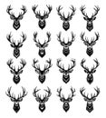 Deer heads, black and white graphics in linear style, vector collection. Animal avatars, with horns, in grayscale design Royalty Free Stock Photo