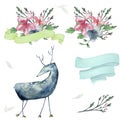 Deer watercolor bounquet design flowers bounquet ribbon data bird spring green flowers frame drawing illustration geometric clip a Royalty Free Stock Photo