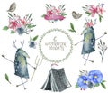 Deer watercolor bounquet design flowers bounquet set bird spring tent Forest animals character frame drawing illustration Royalty Free Stock Photo